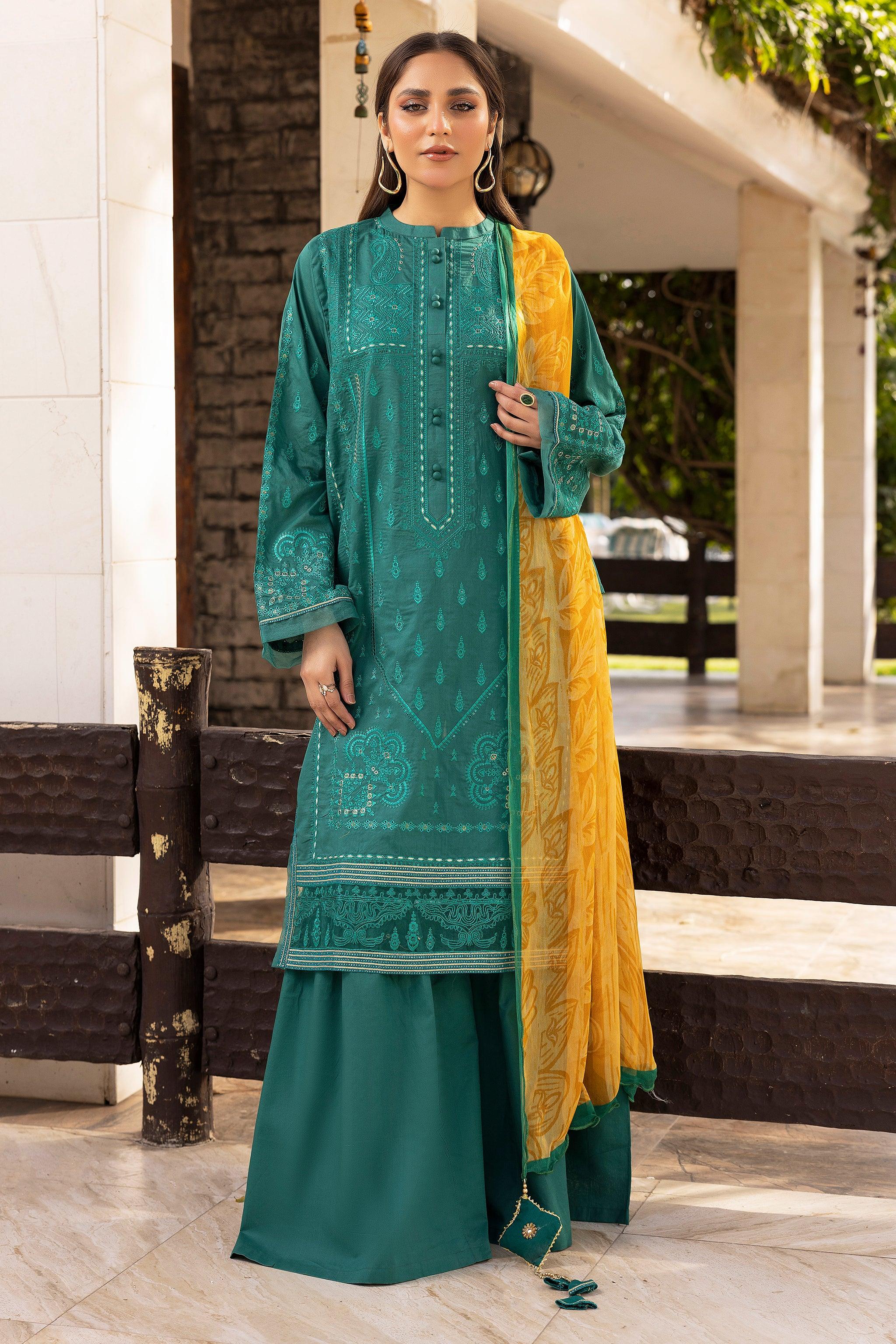 3 Piece Bottle Green Unstitched Embroidered Lawn - SafaNoor