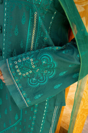 3 Piece Bottle Green Unstitched Embroidered Lawn - SafaNoor