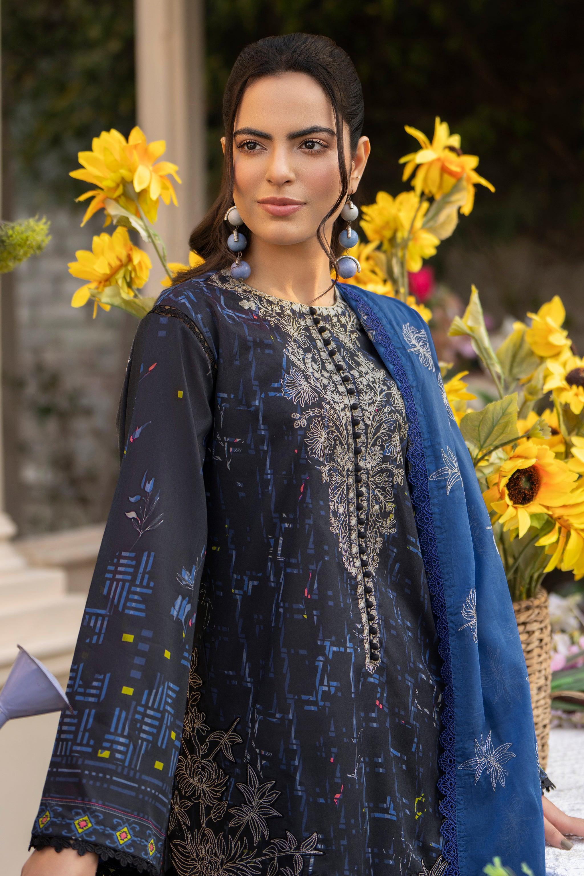 3 Piece Charcoal Embroidered Lawn Unstitched - SafaNoor