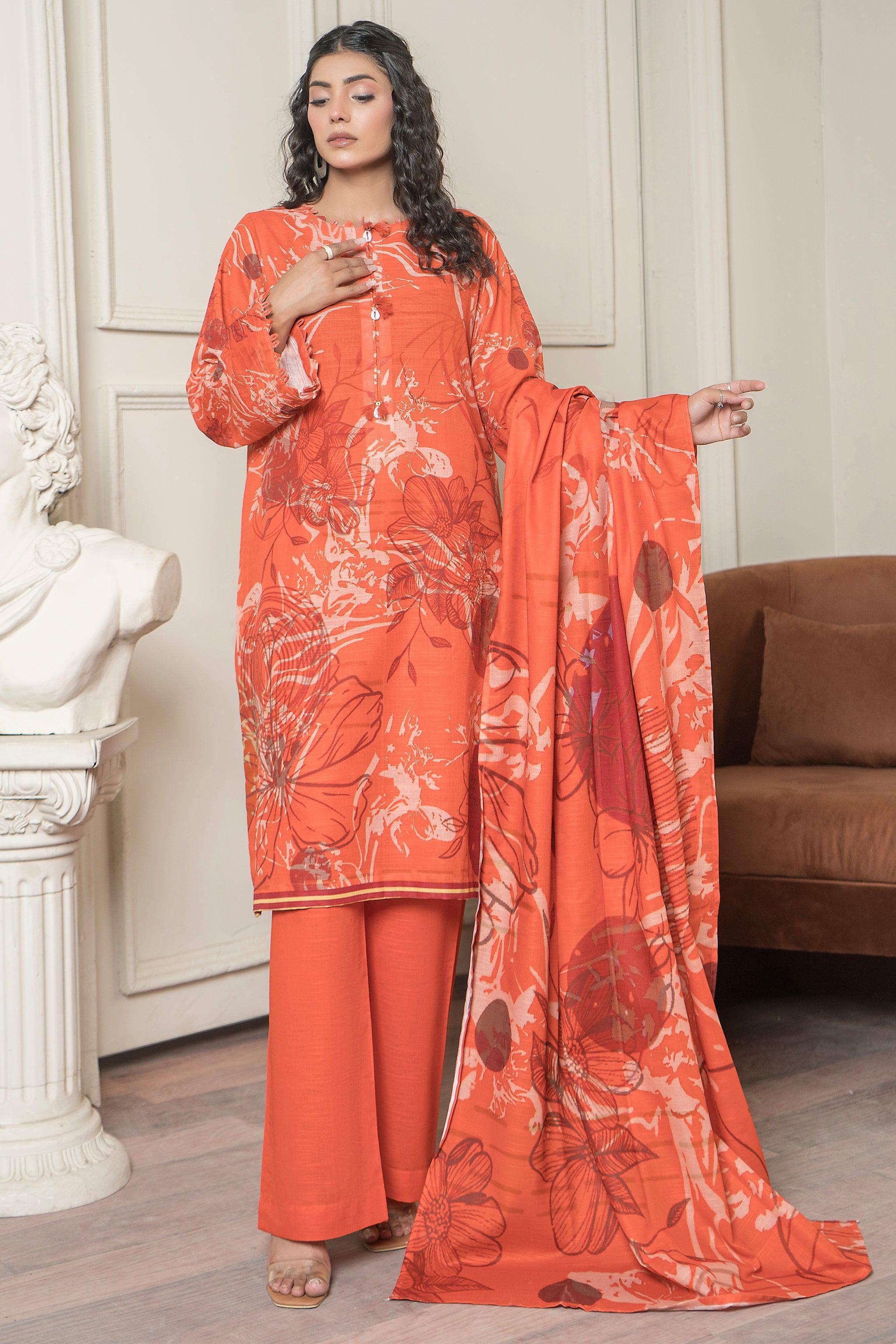 3 Piece Coral Orange Khaddar Unstitched - SafaNoor