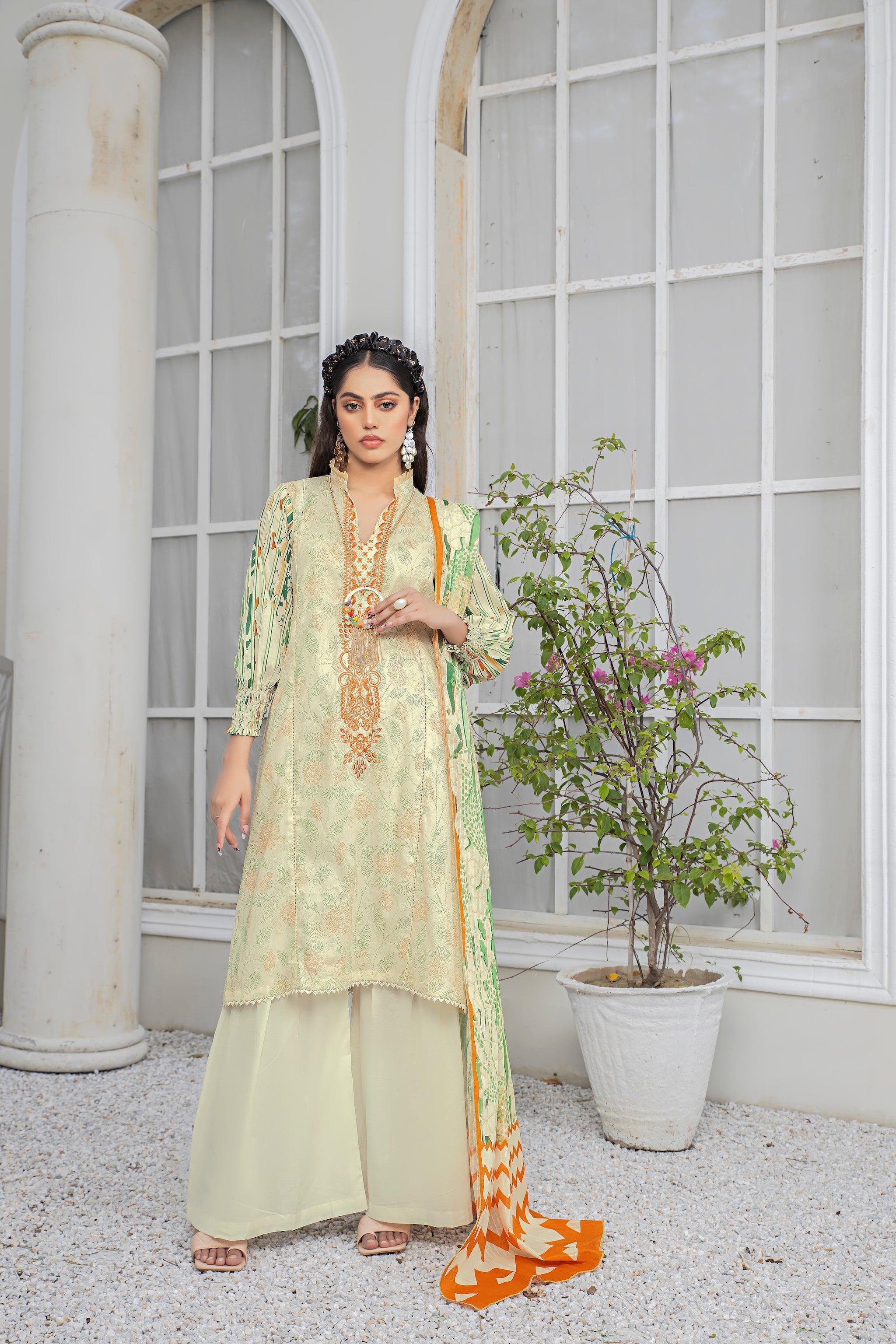 3 Piece Cream Unstitched Embroidered Lawn - SafaNoor