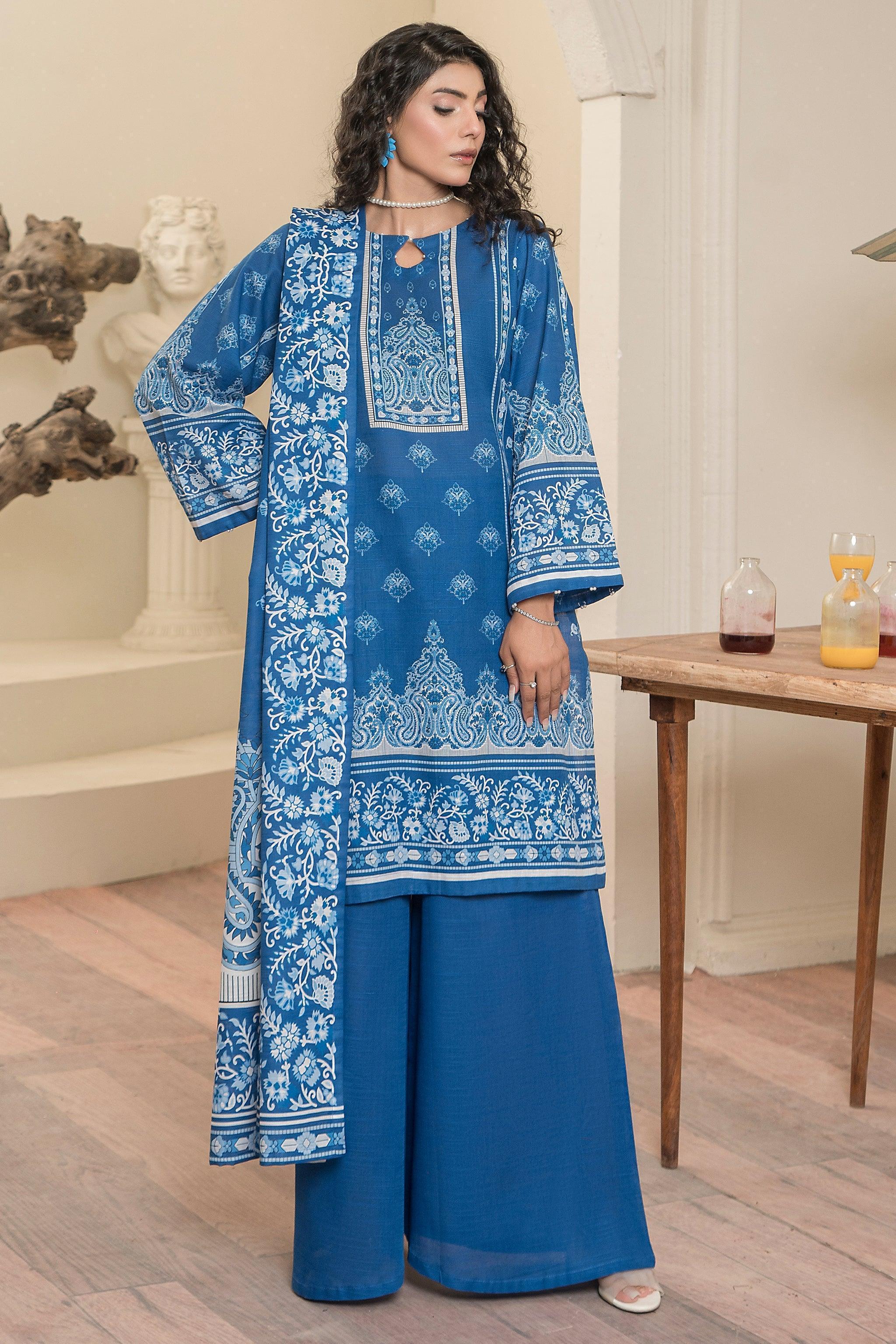 3 Piece Dell Blue Khaddar Unstitched - SafaNoor