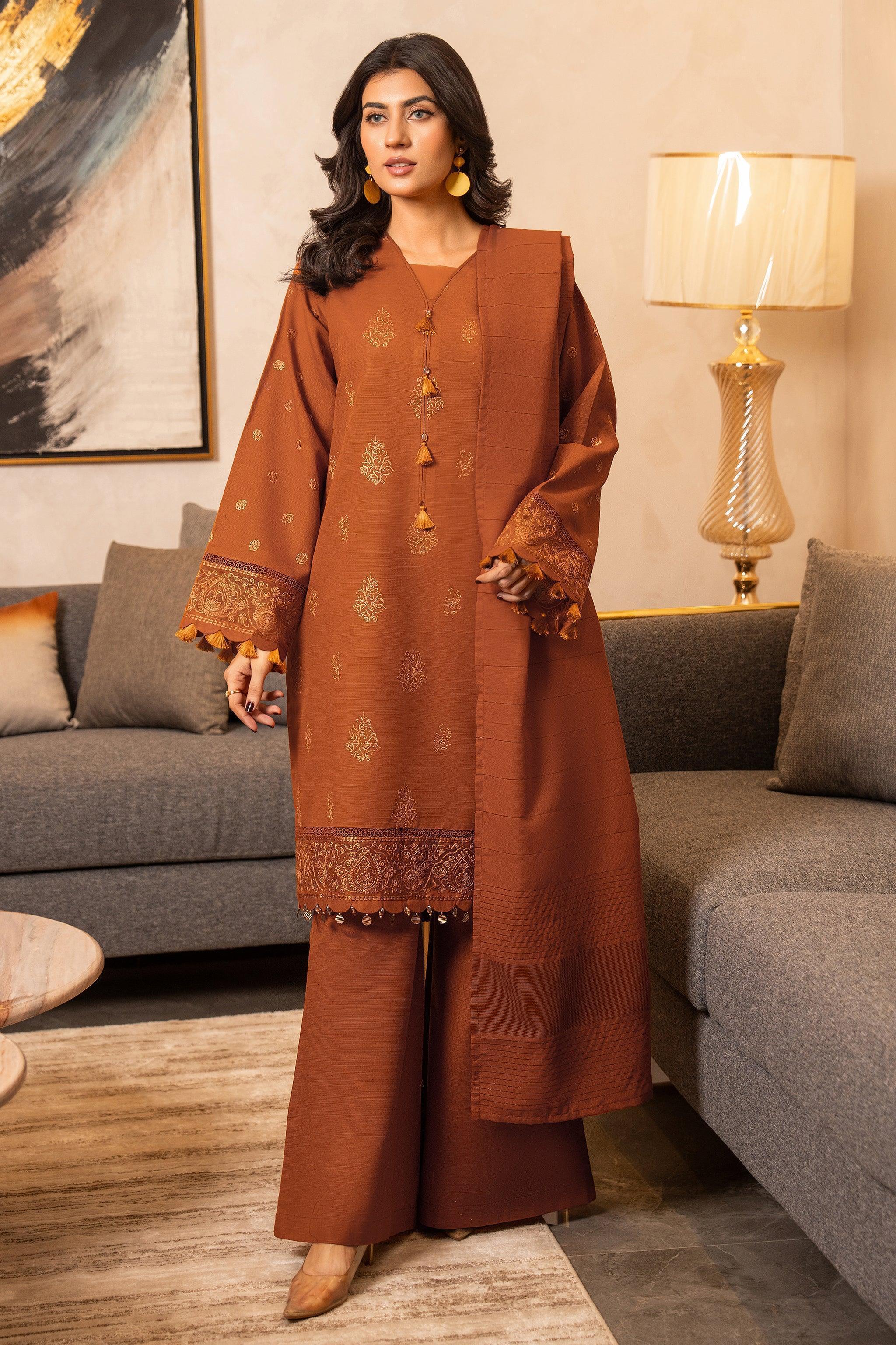 3 Piece Dyed Naps Khaddar Savana Brown - SafaNoor