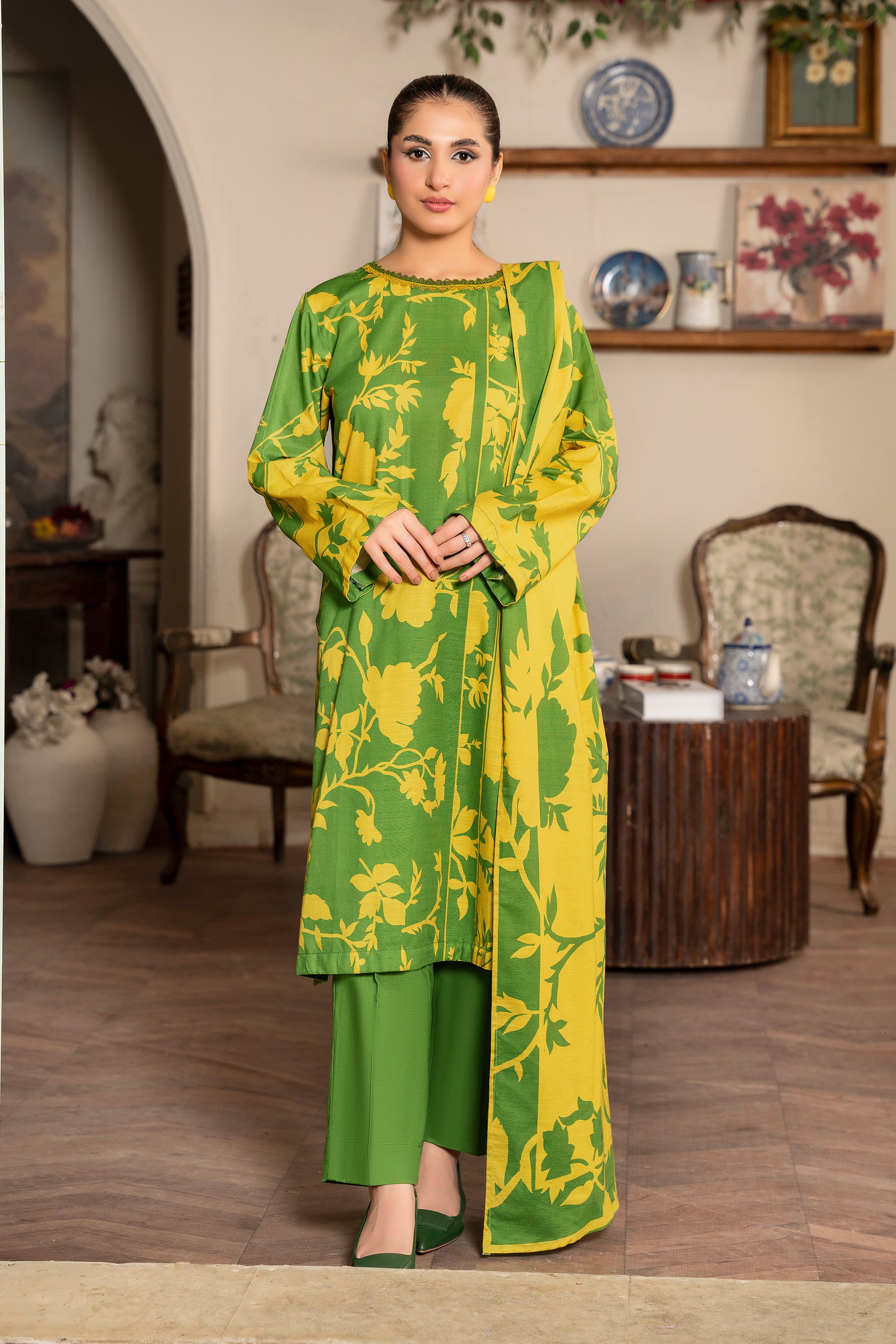 3 Piece Green Unstitched Printed Khaddar - (Vol-109/09)D1 - SAFANOOR