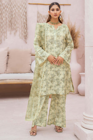 3 Piece Light Olive Unstitched Printed Lawn - SafaNoor