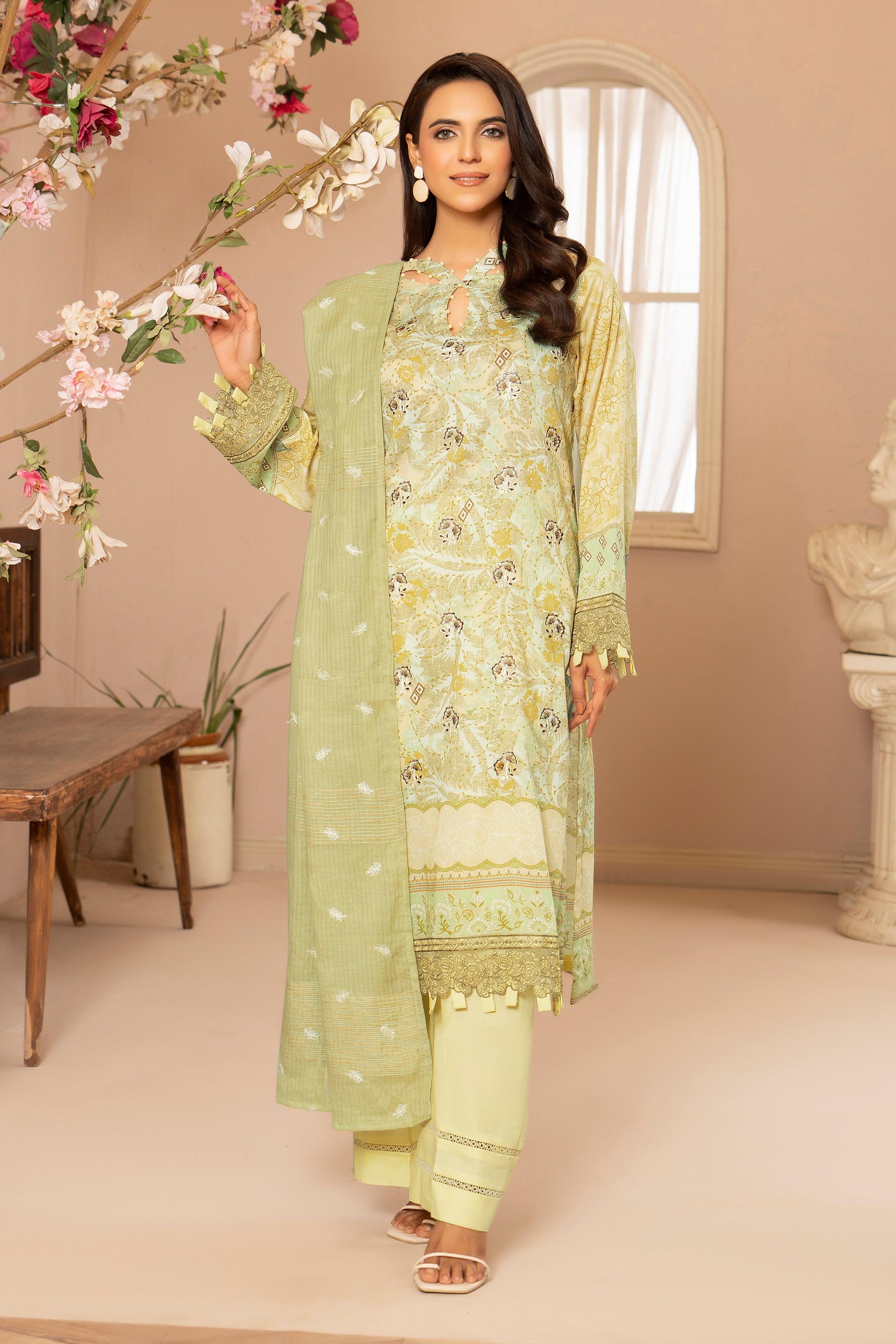 3 Piece Lime Embroidered Lawn Unstitched - SafaNoor