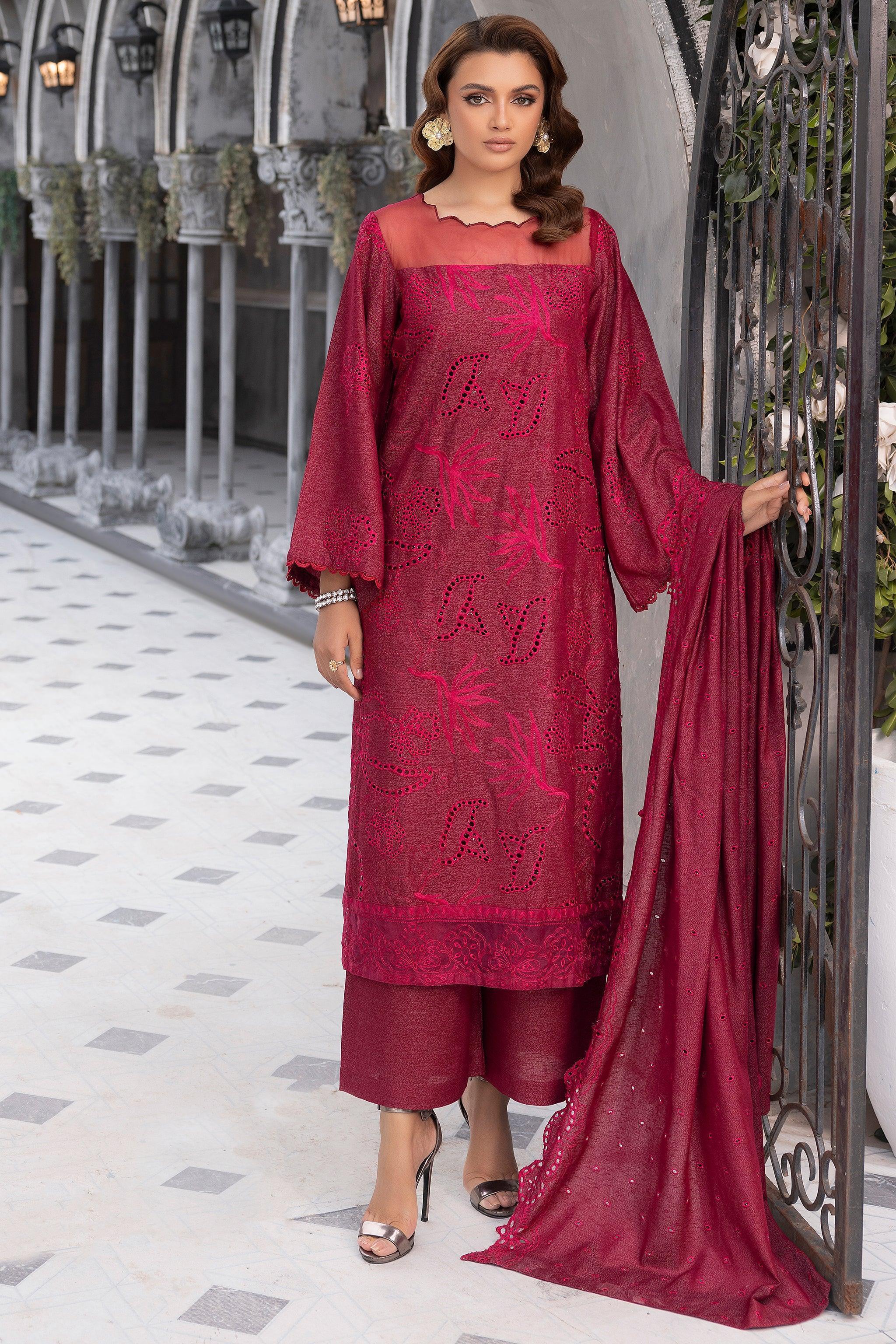 3 Piece Maroon Embroidered Karandi Unstitched - SafaNoor