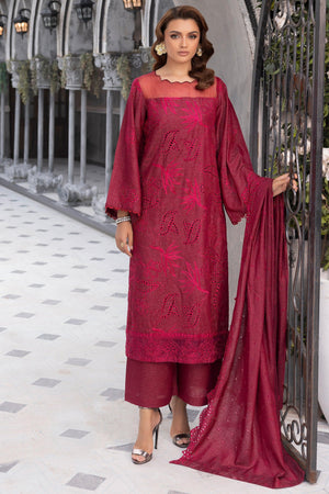 3 Piece Maroon Embroidered Karandi Unstitched - SafaNoor