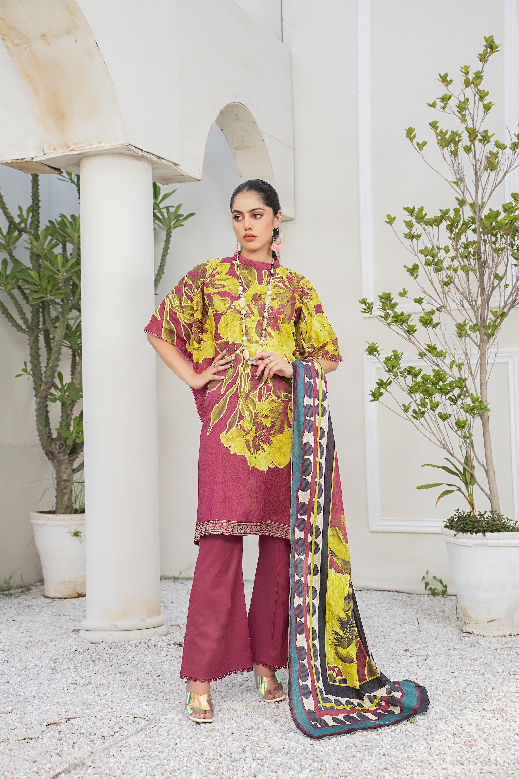 3 Piece Maroon Unstitched Embroidered Lawn - SafaNoor