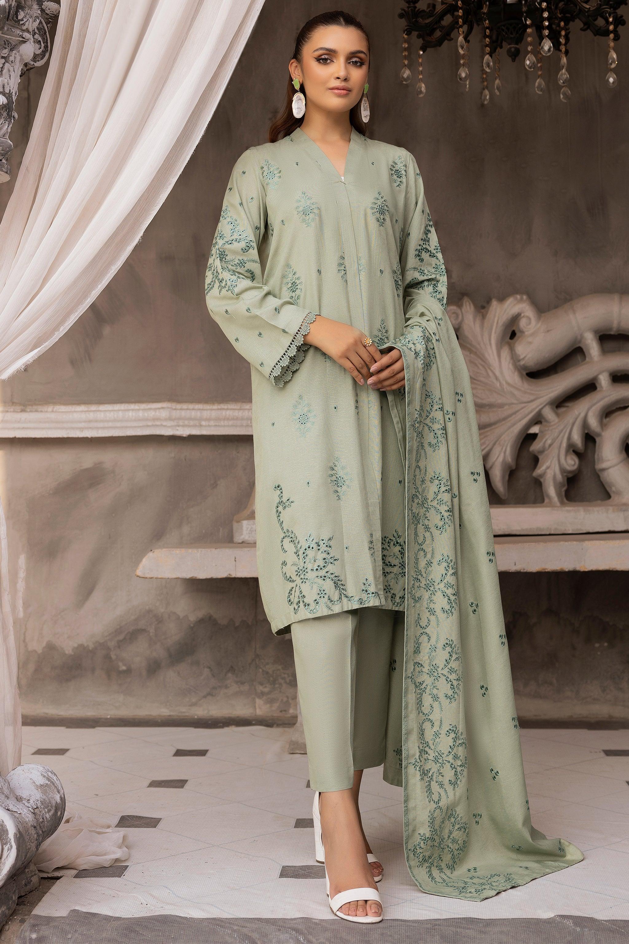 3 Piece Moss Green Embroidered Karandi Unstitched - SafaNoor