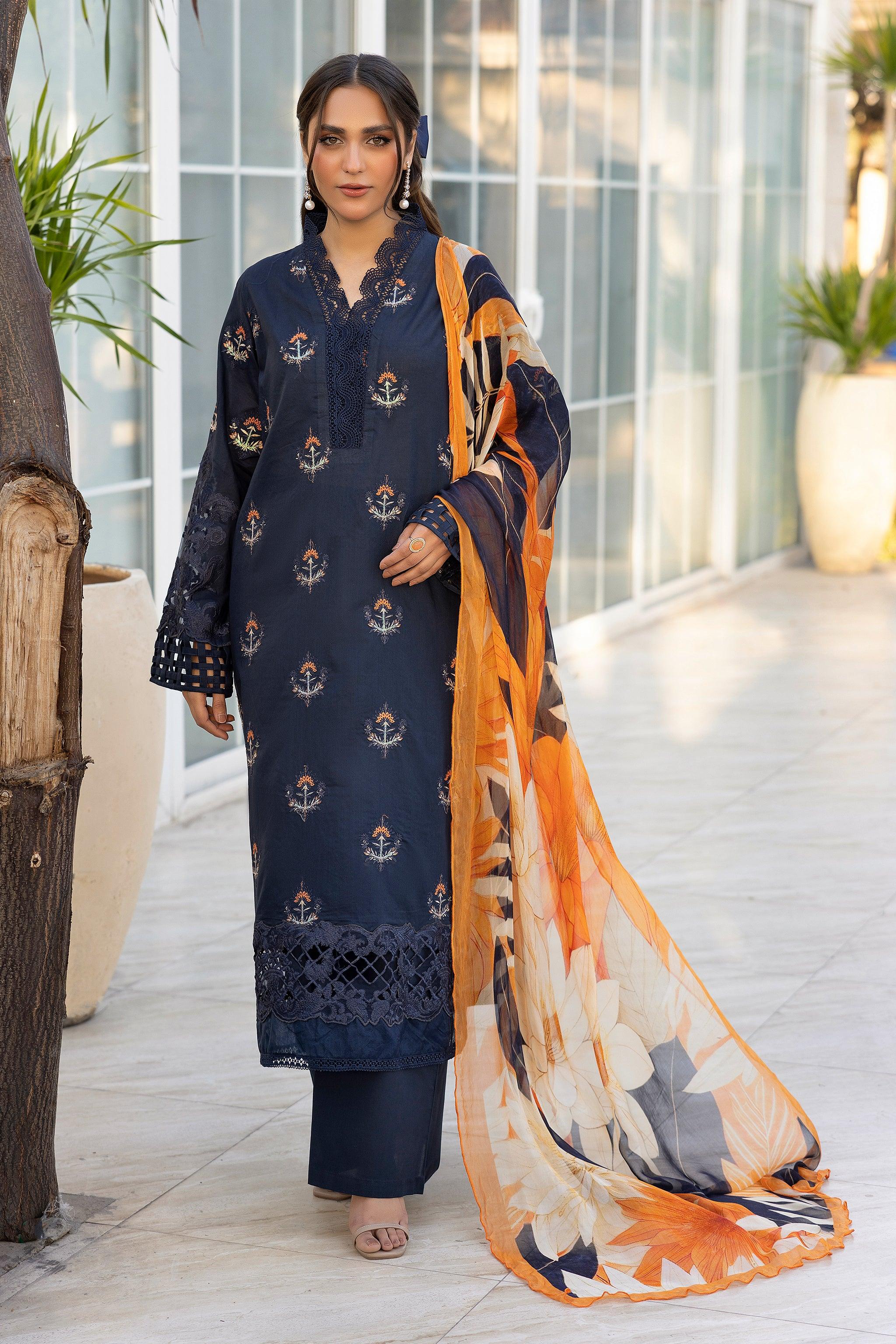 3 Piece Navy Blue Unstitched Embroidered Lawn - SafaNoor