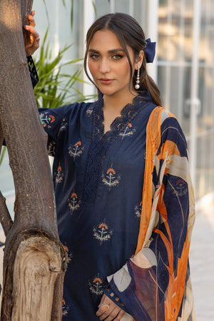 3 Piece Navy Blue Unstitched Embroidered Lawn - SafaNoor