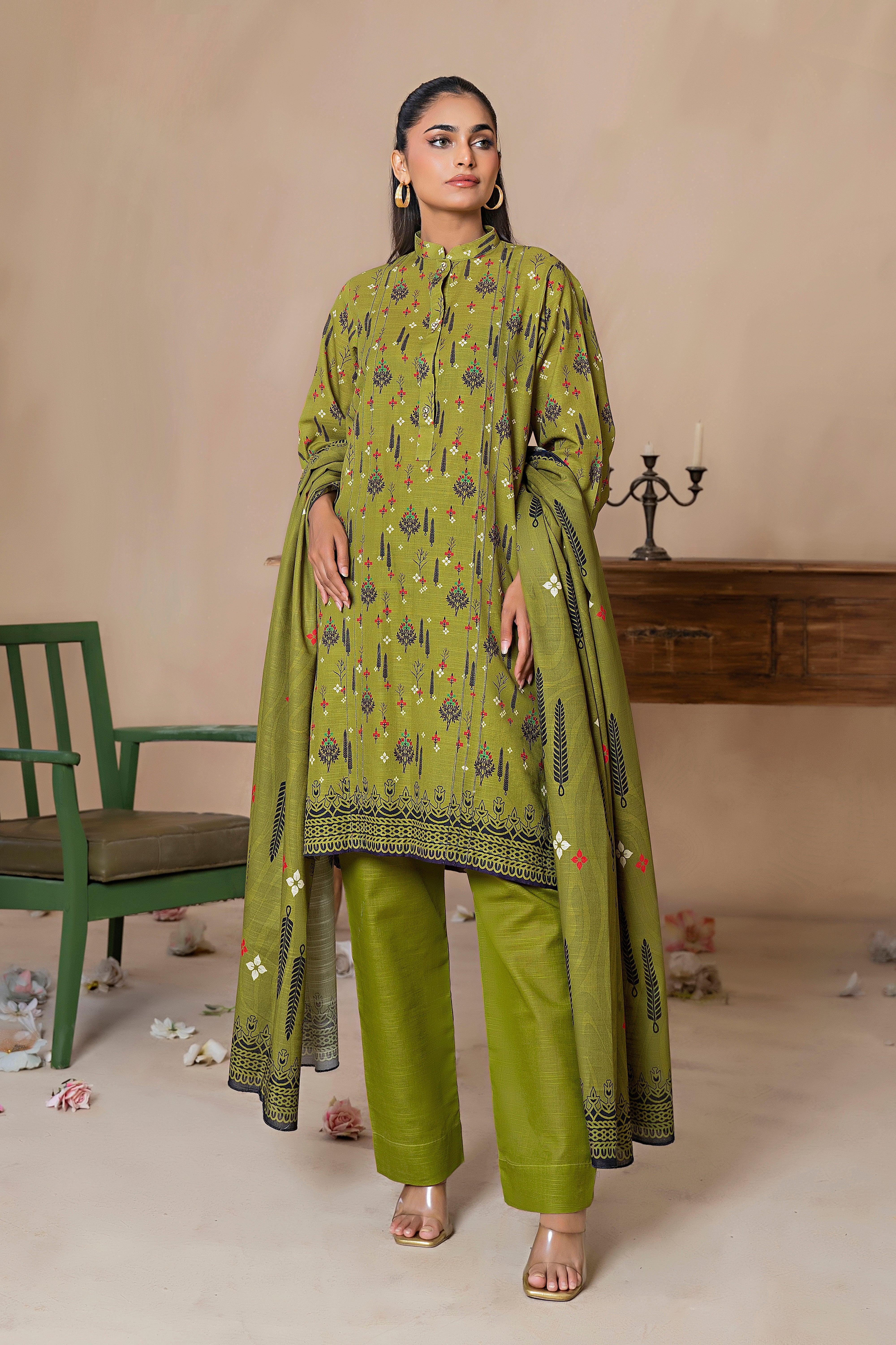 3 Piece Olive Green Khaddar Unstitched - SafaNoor