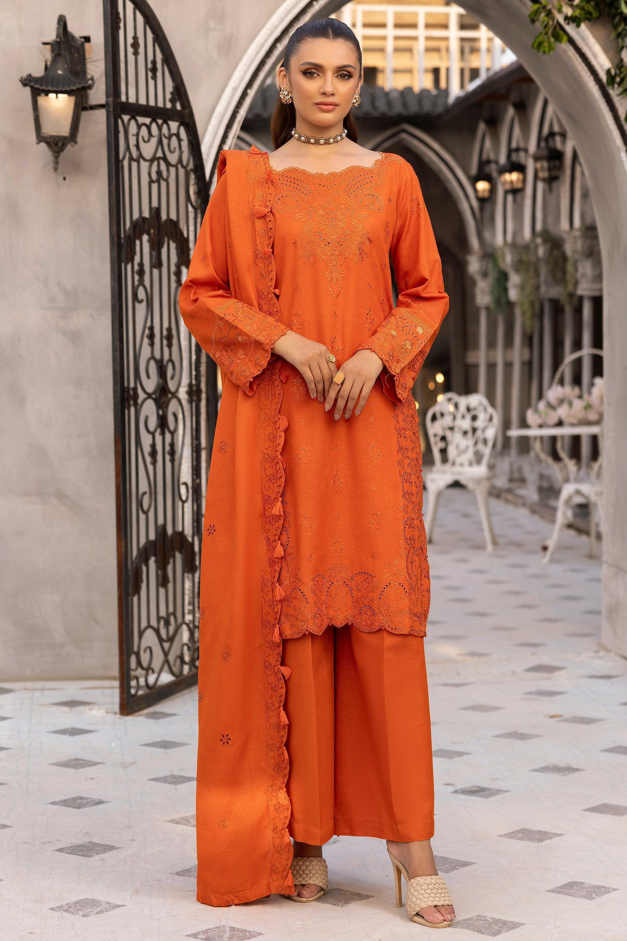 3 Piece Orange Embroidered Karandi Unstitched - SafaNoor