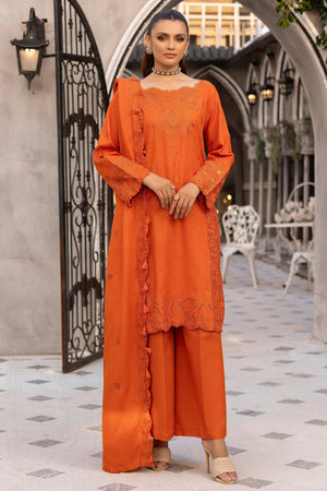 3 Piece Orange Embroidered Karandi Unstitched - SafaNoor