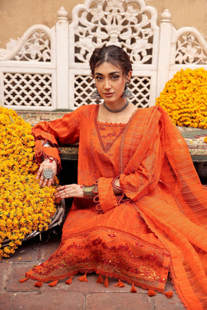 3 Piece Orange Embroidered Organza Lawn - SafaNoor