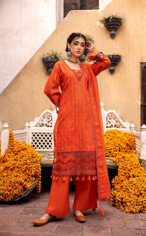 3 Piece Orange Embroidered Organza Lawn - SafaNoor