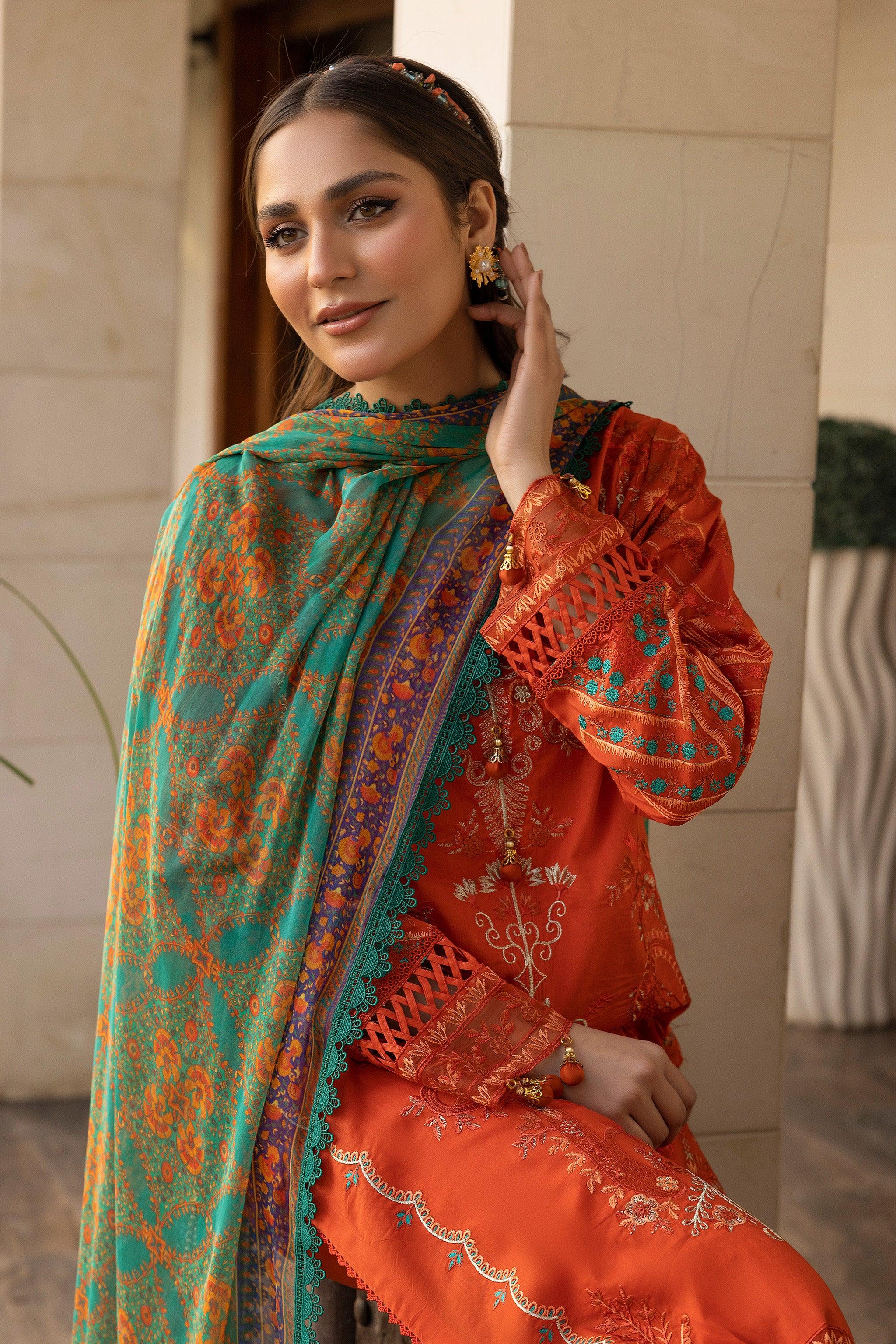 3 Piece Orange Unstitched Embroidered Lawn - SafaNoor