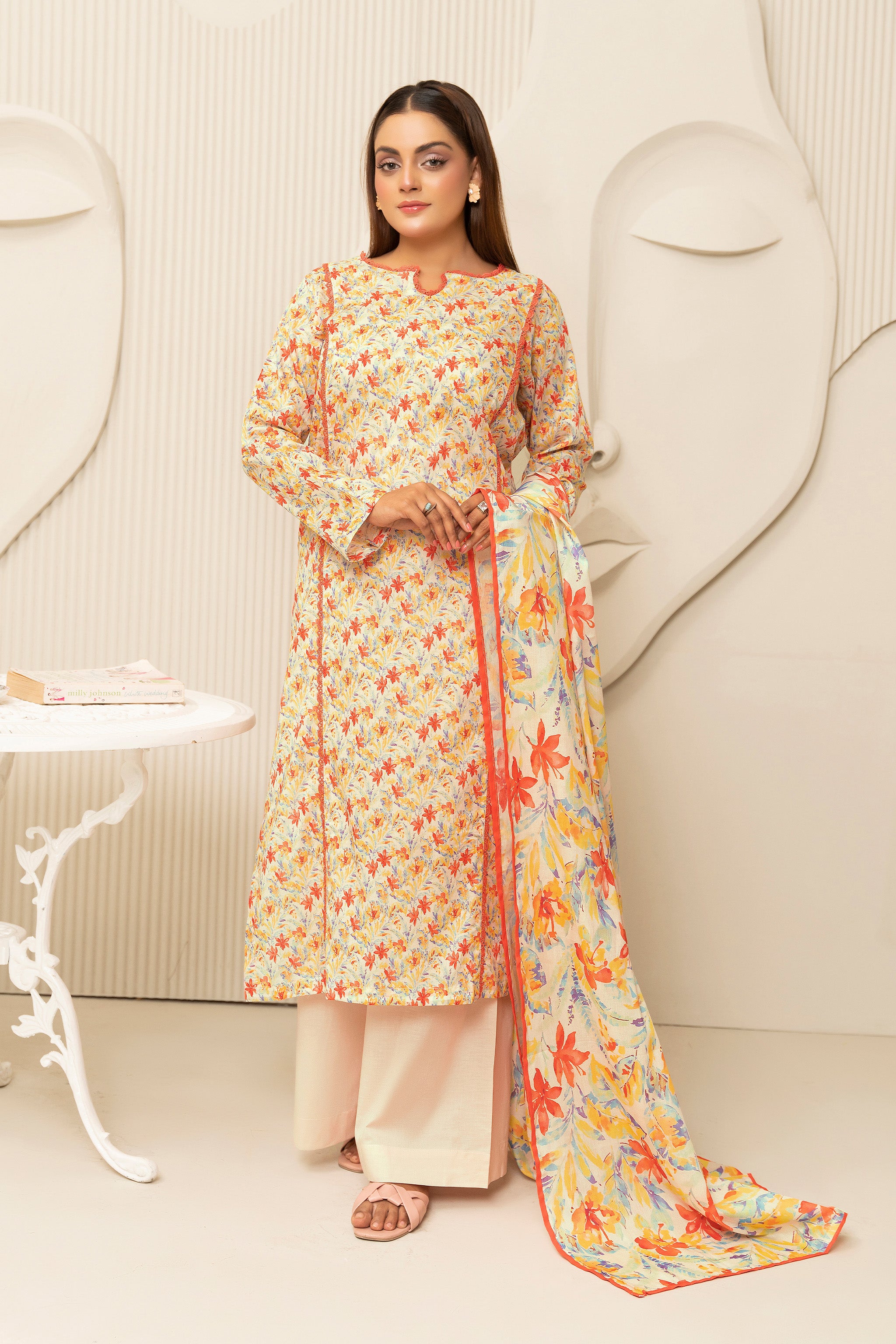 3 Piece Orange Unstitched Printed Lawn - (Vol-103/22)3P-S-25-D10 - SAFANOOR