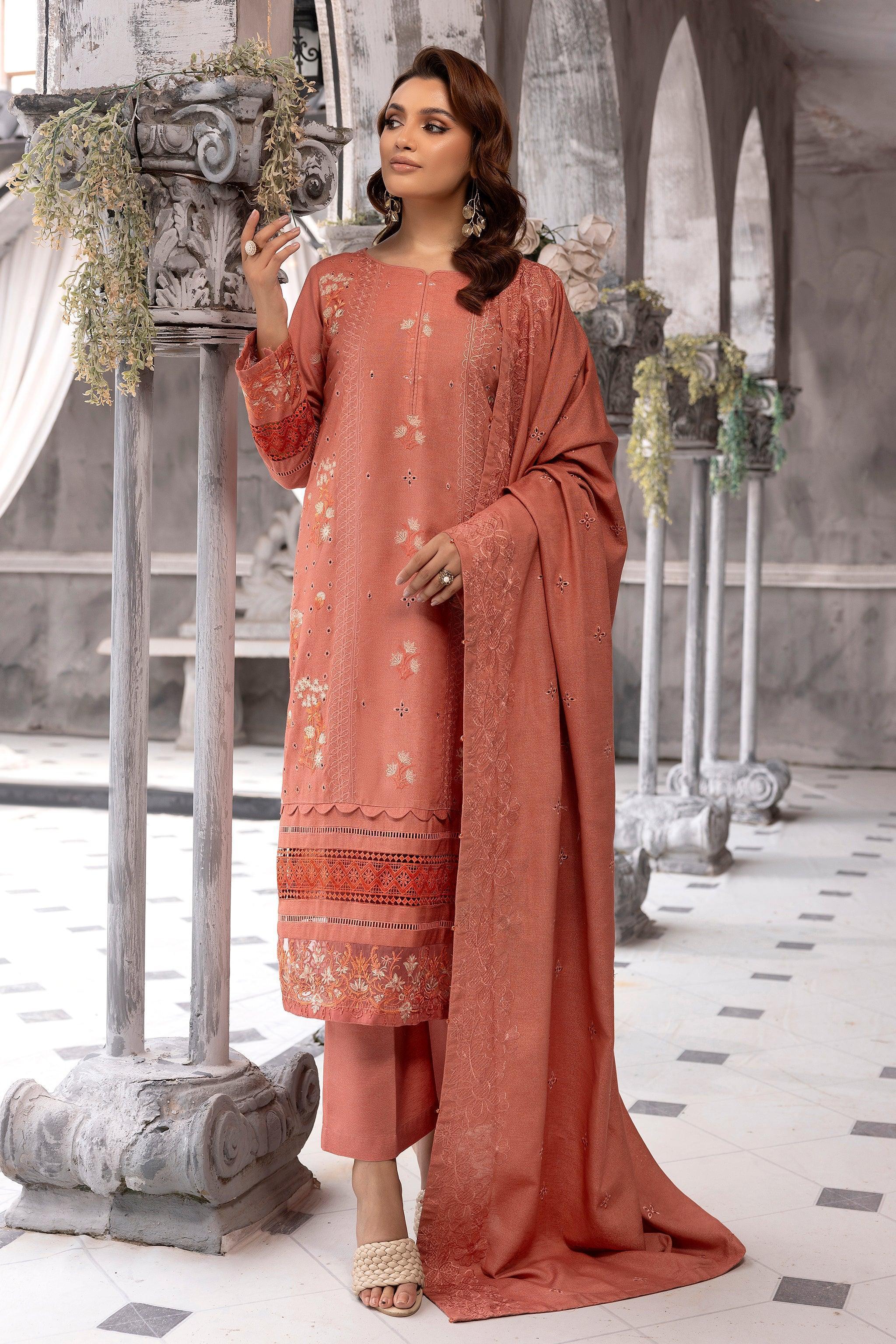 3 Piece Peach Embroidered Karandi Unstitched - SafaNoor