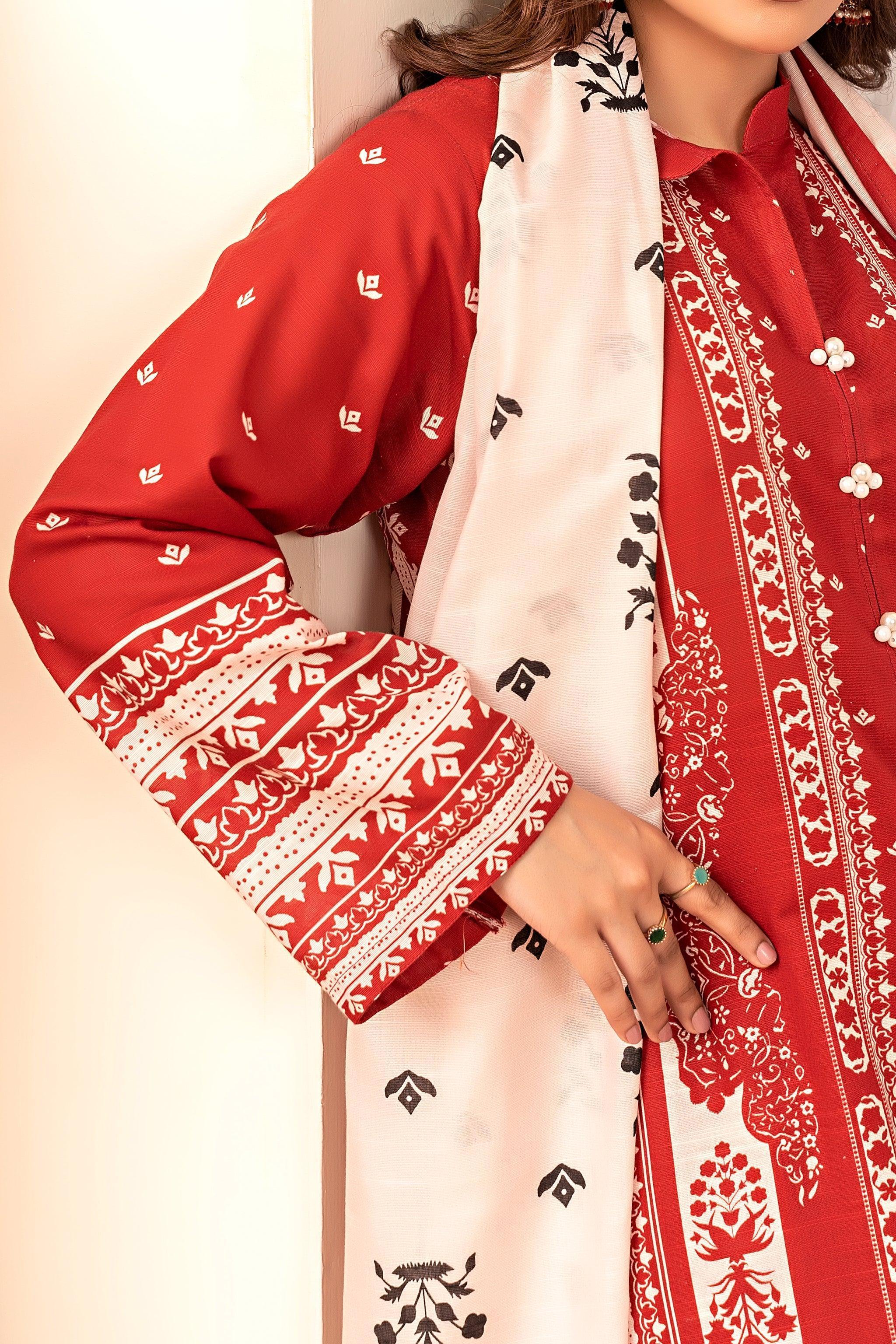 3 Piece Red Khaddar Unstitched - SafaNoor