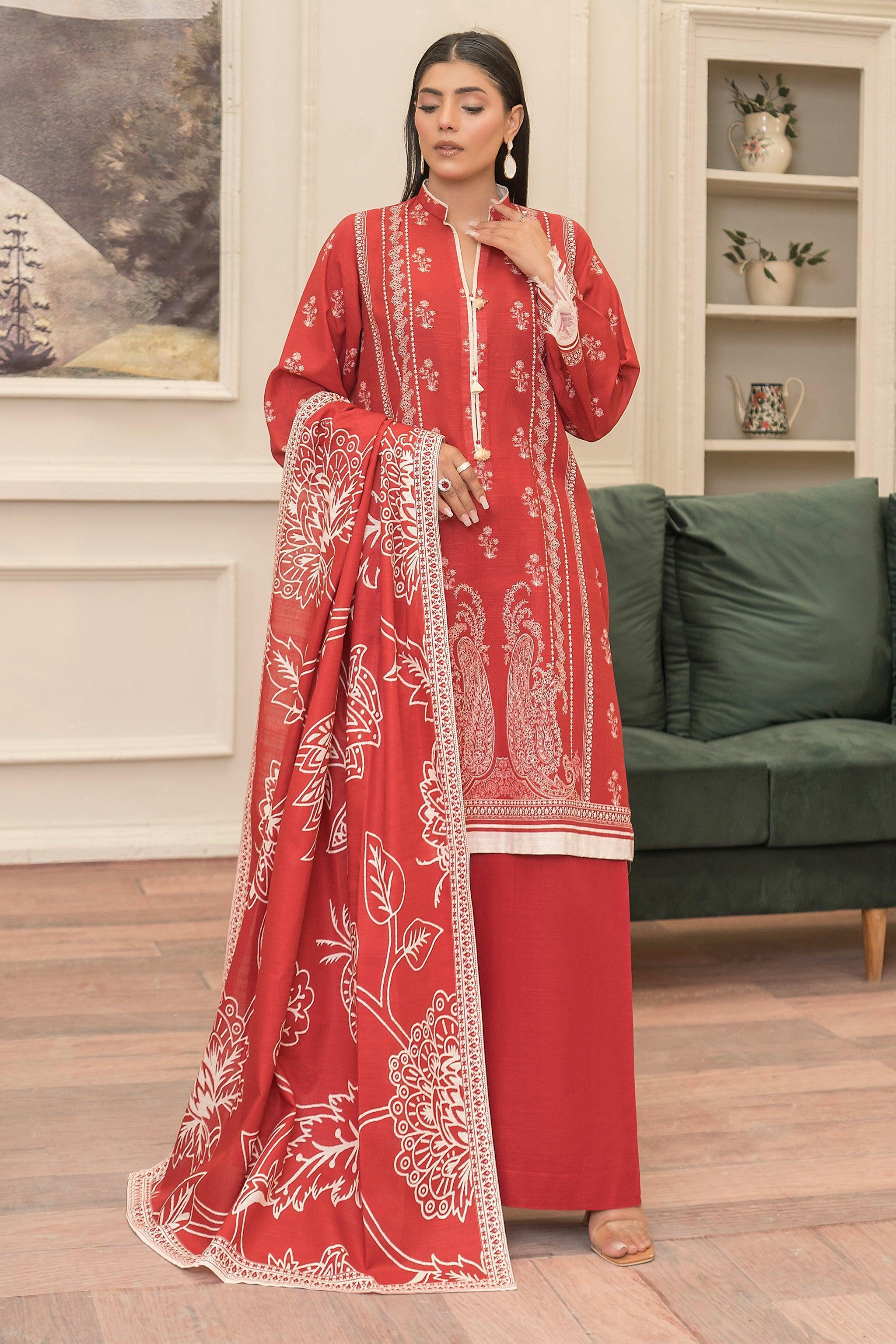 3 Piece Poppy Red Khaddar Unstitched - SafaNoor