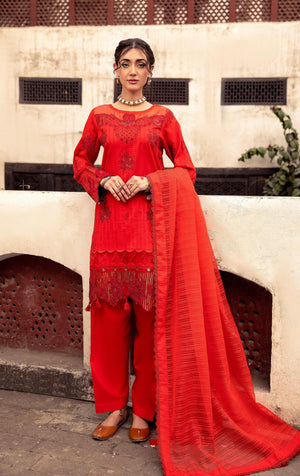 3 Piece Red Embroidered Organza Lawn - SafaNoor