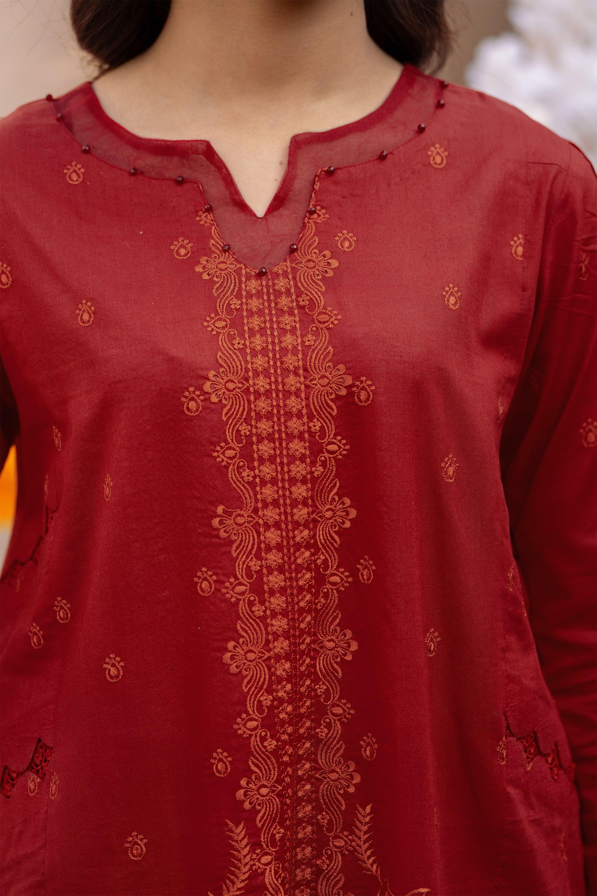 3 Piece Ruby Red Embroidered Lawn Unstitched - SafaNoor