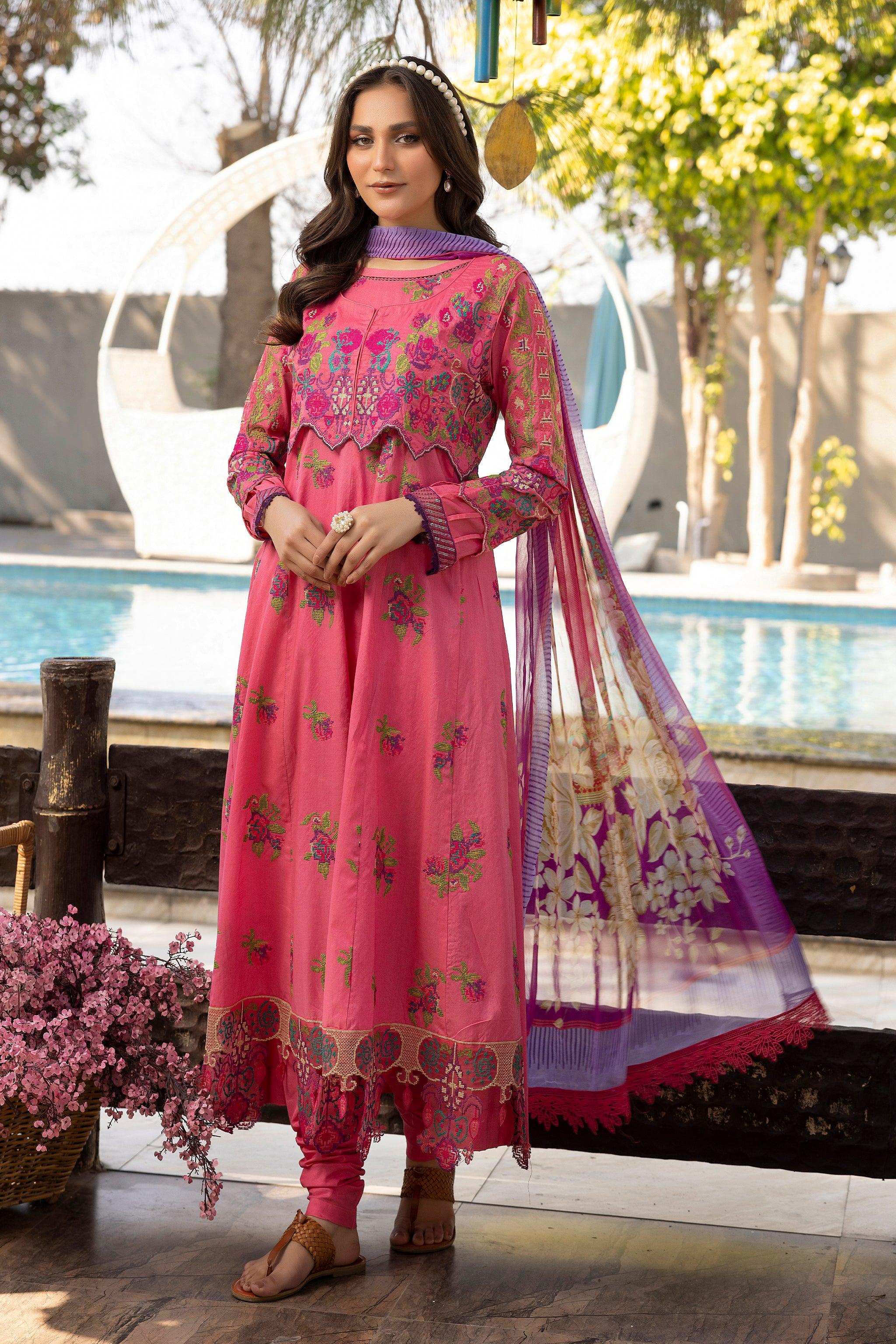 3 Piece Shocking Pink Unstitched Embroidered Lawn - SafaNoor