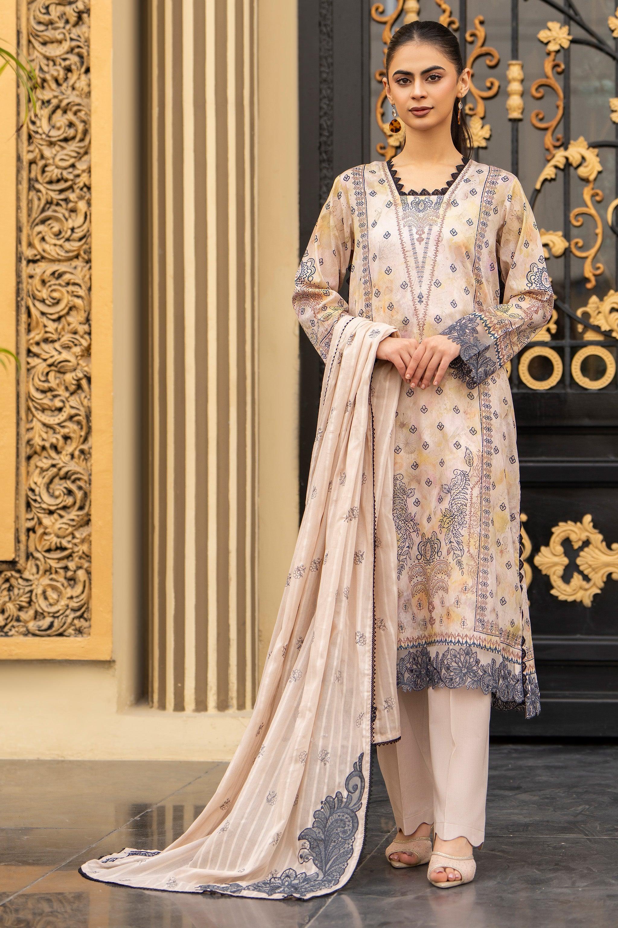 3 Piece Unstitched Beige Embroidered Lawn - SafaNoor