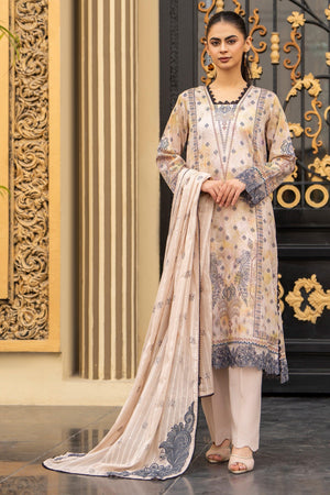 3 Piece Unstitched Beige Embroidered Lawn - SafaNoor