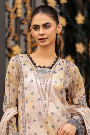 3 Piece Unstitched Beige Embroidered Lawn - SafaNoor