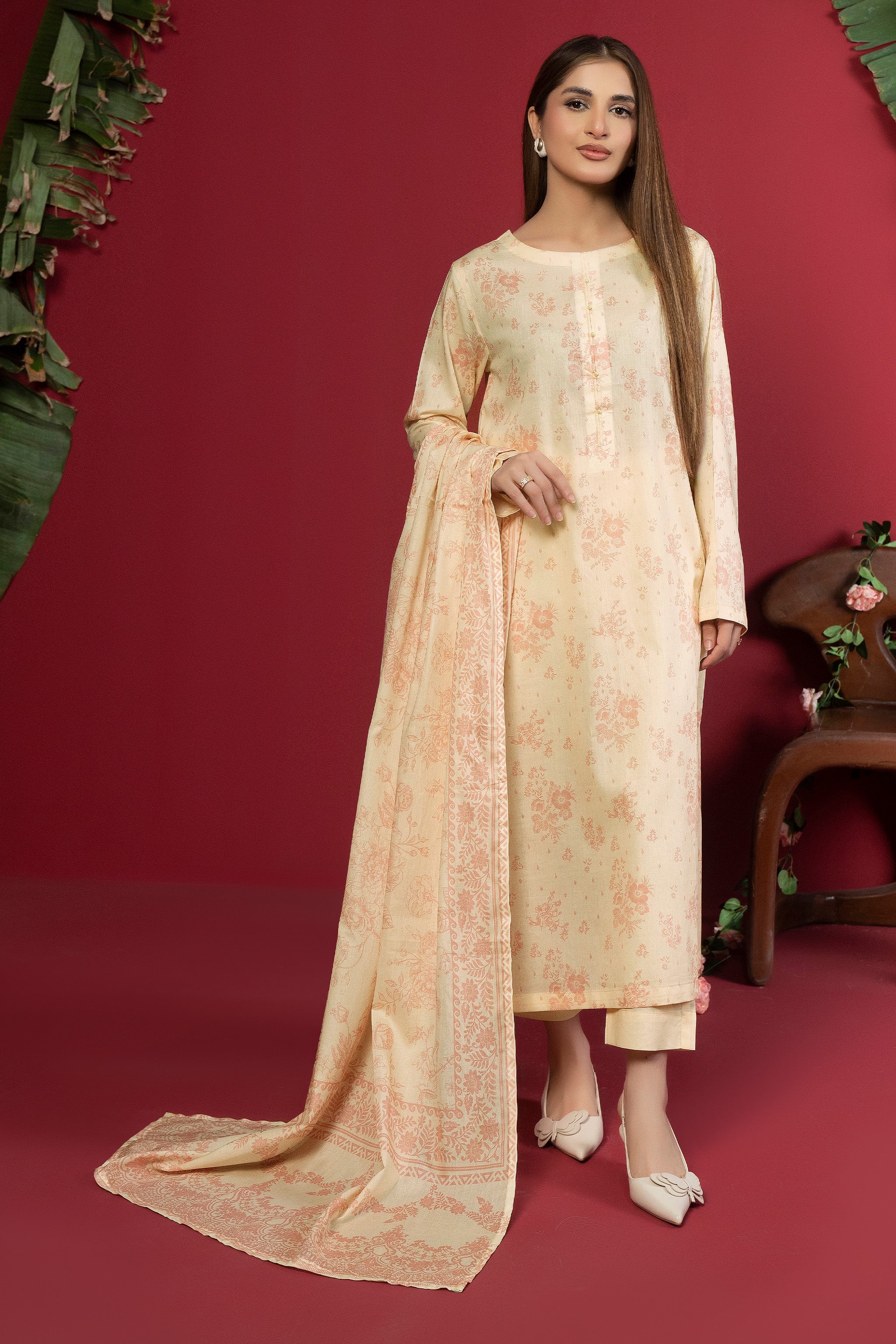 3 Piece Unstitched Beige Printed Lawn - (Vol-106/23)3P-S-25-D6 - SAFANOOR