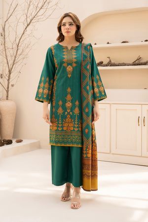 3 Piece Unstitched Bottle Green Printed Khaddar - (Vol-111/10)D4- SAFANOOOR