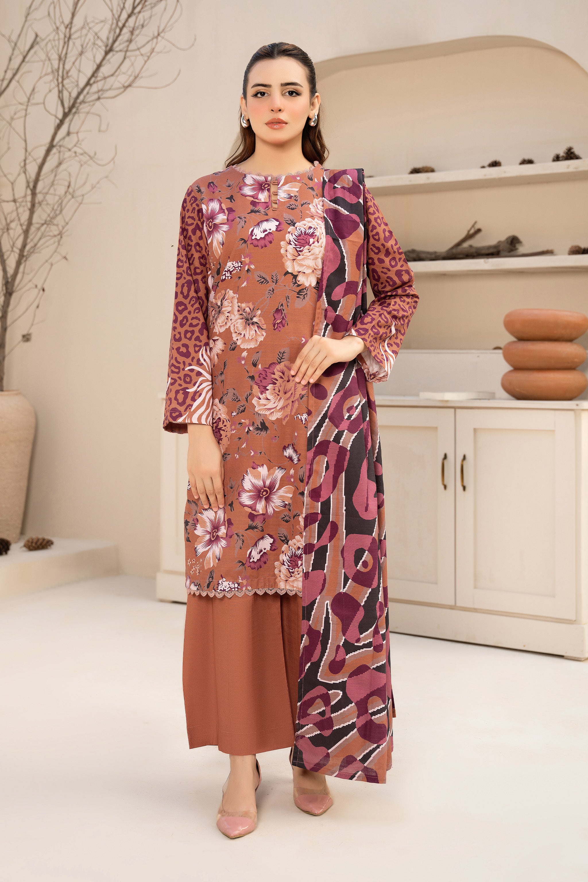 3 Piece Unstitched Brown Printed Khaddar - (Vol-111/10)D11 - SAFANOOOR