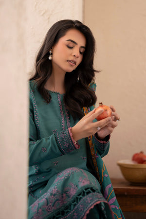 3 Piece Unstitched Cadet Blue Premium Embroidered Lawn - Safa Noor