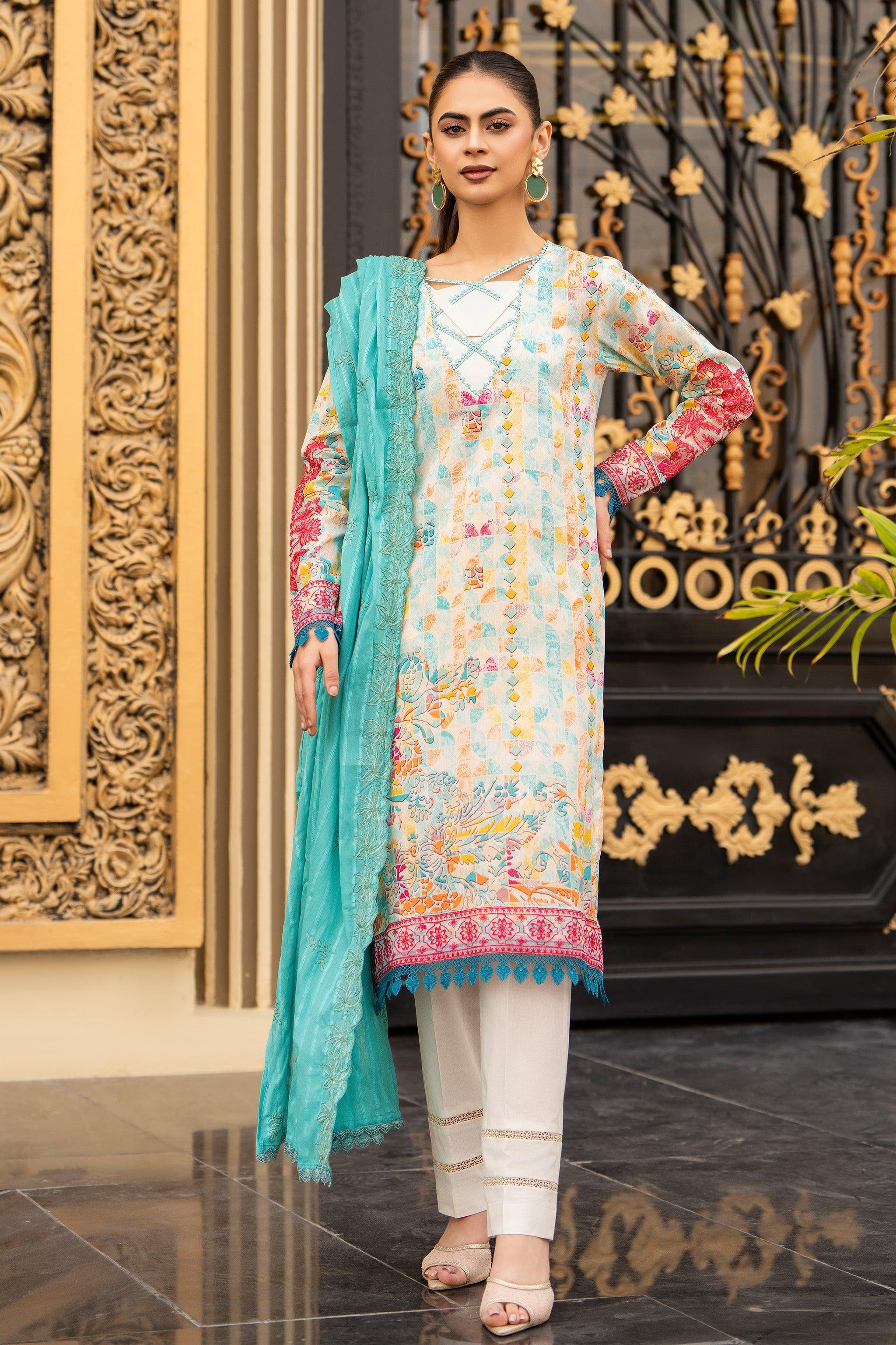 3 Piece Unstitched Cream Embroidered Lawn - SafaNoor