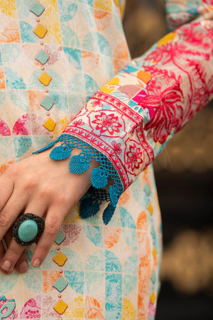 3 Piece Unstitched Cream Embroidered Lawn - SafaNoor