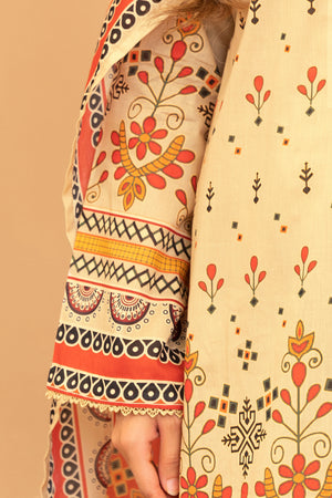 3 Piece Unstitched Cream Printed Lawn - (Vol-104/24)3P-S-25-D9- SAFANOOR
