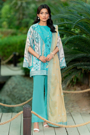 3 Piece Unstitched Cyan Embroidered Lawn - SafaNoor
