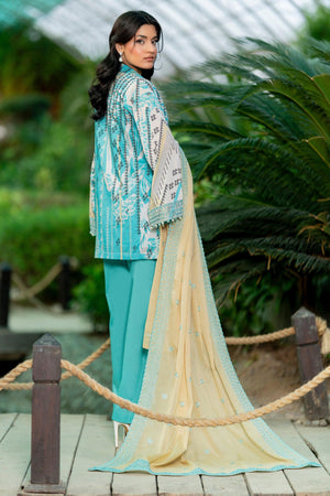 3 Piece Unstitched Cyan Embroidered Lawn - SafaNoor