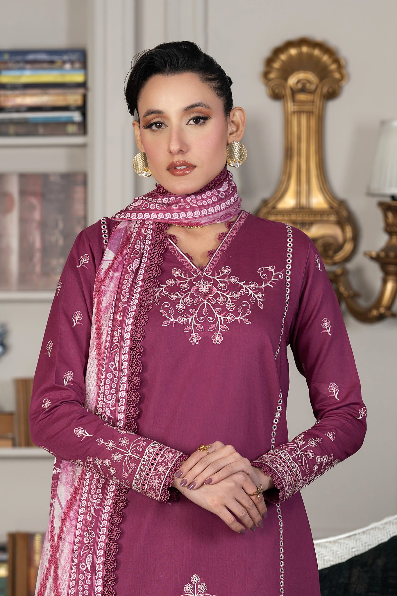 3 Piece Unstitched Dark Raspberry Luxury Embroidered Lawn Suit