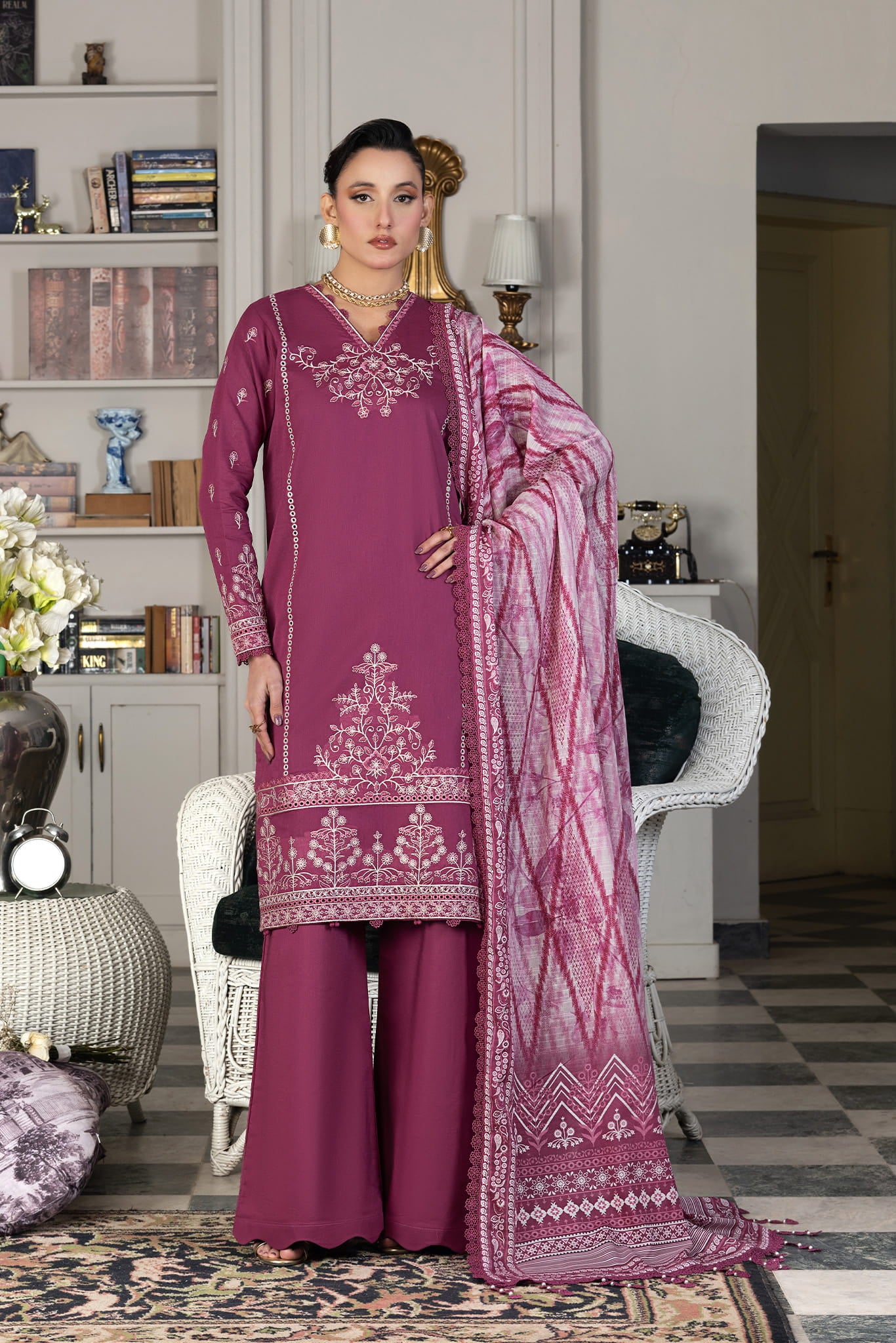 3 Piece Unstitched Dark Raspberry Luxury Embroidered Lawn Suit