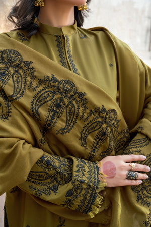 3 Piece Unstitched Dye Warm Naps Olive Brown Suit