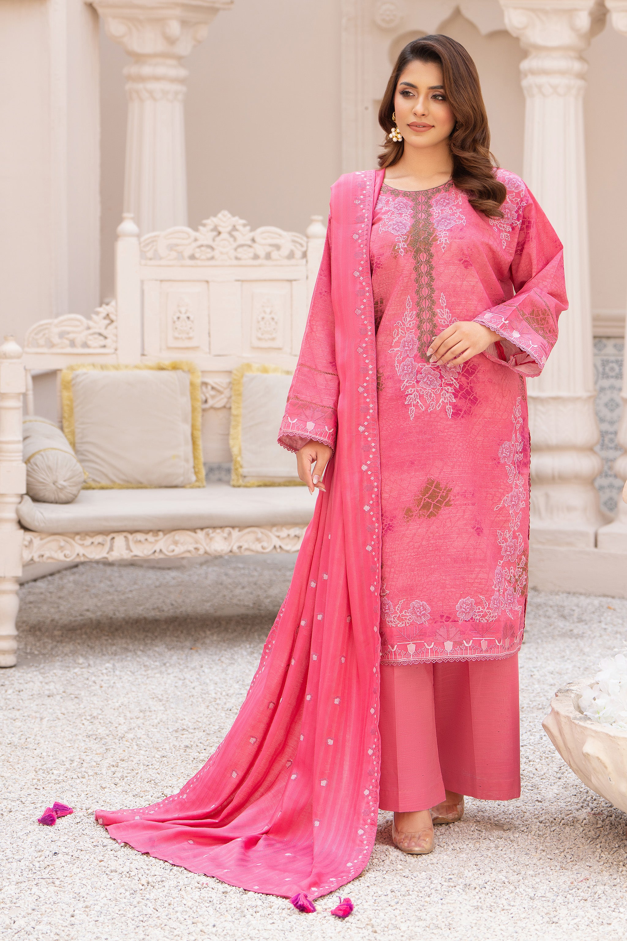 3 Piece Unstitched Embroidered Dark Pink Khaddar