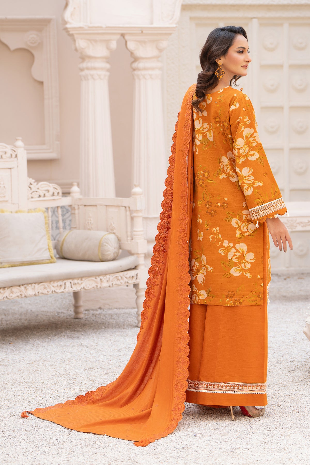 3 Piece Unstitched Embroidered Pumpkin Orange Khaddar