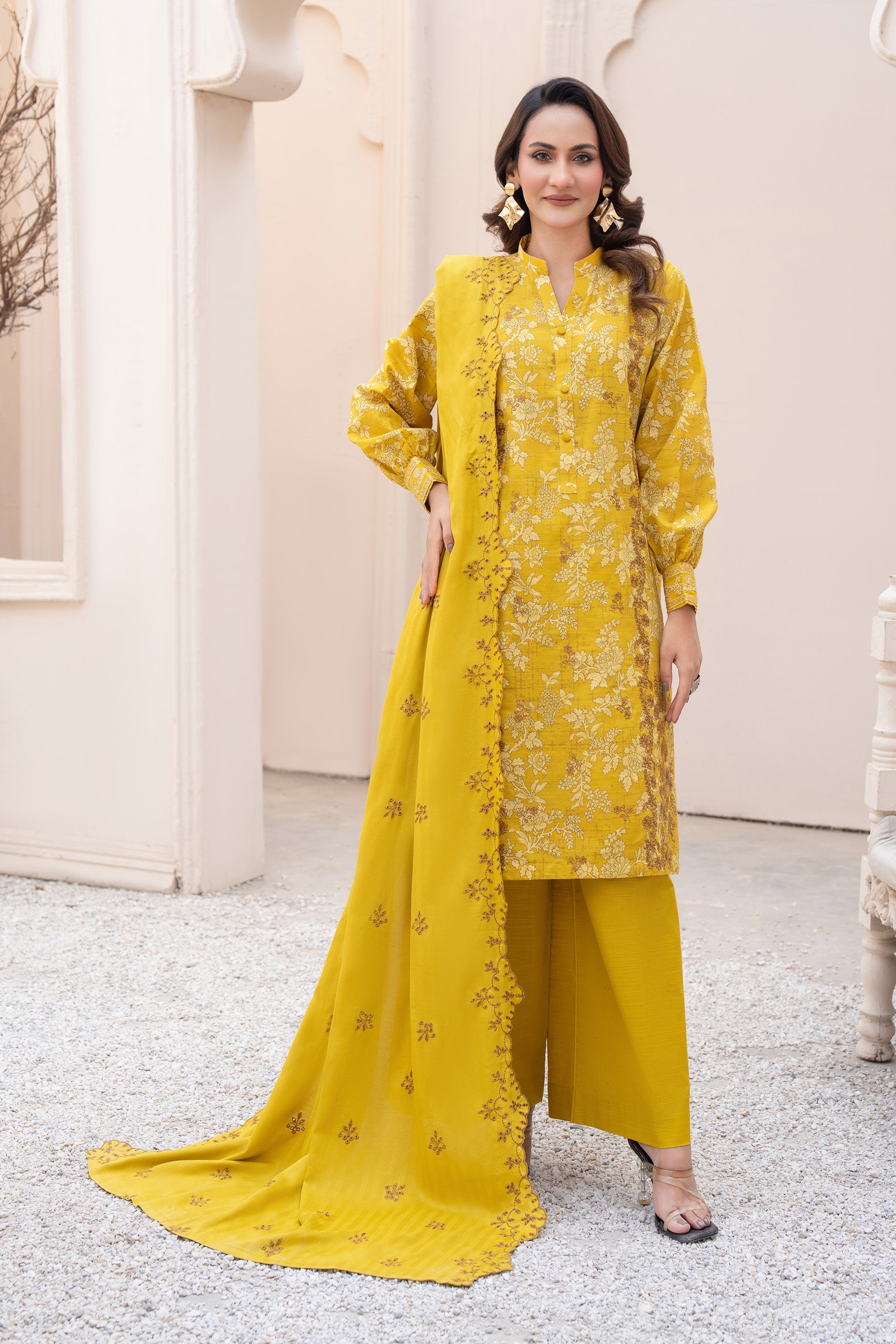 3 Piece Unstitched Embroidered Yellow Khaddar