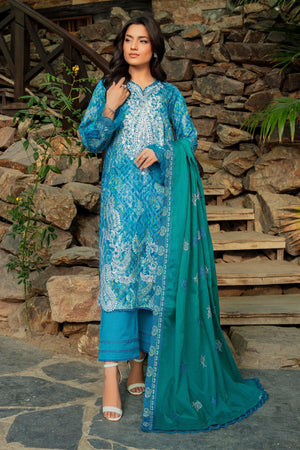 3 Piece Unstitched Iris Blue Embroidered Lawn - SafaNoor