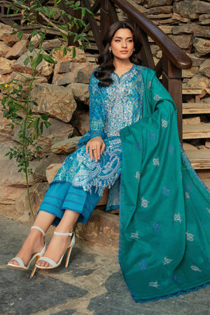 3 Piece Unstitched Iris Blue Embroidered Lawn - SafaNoor