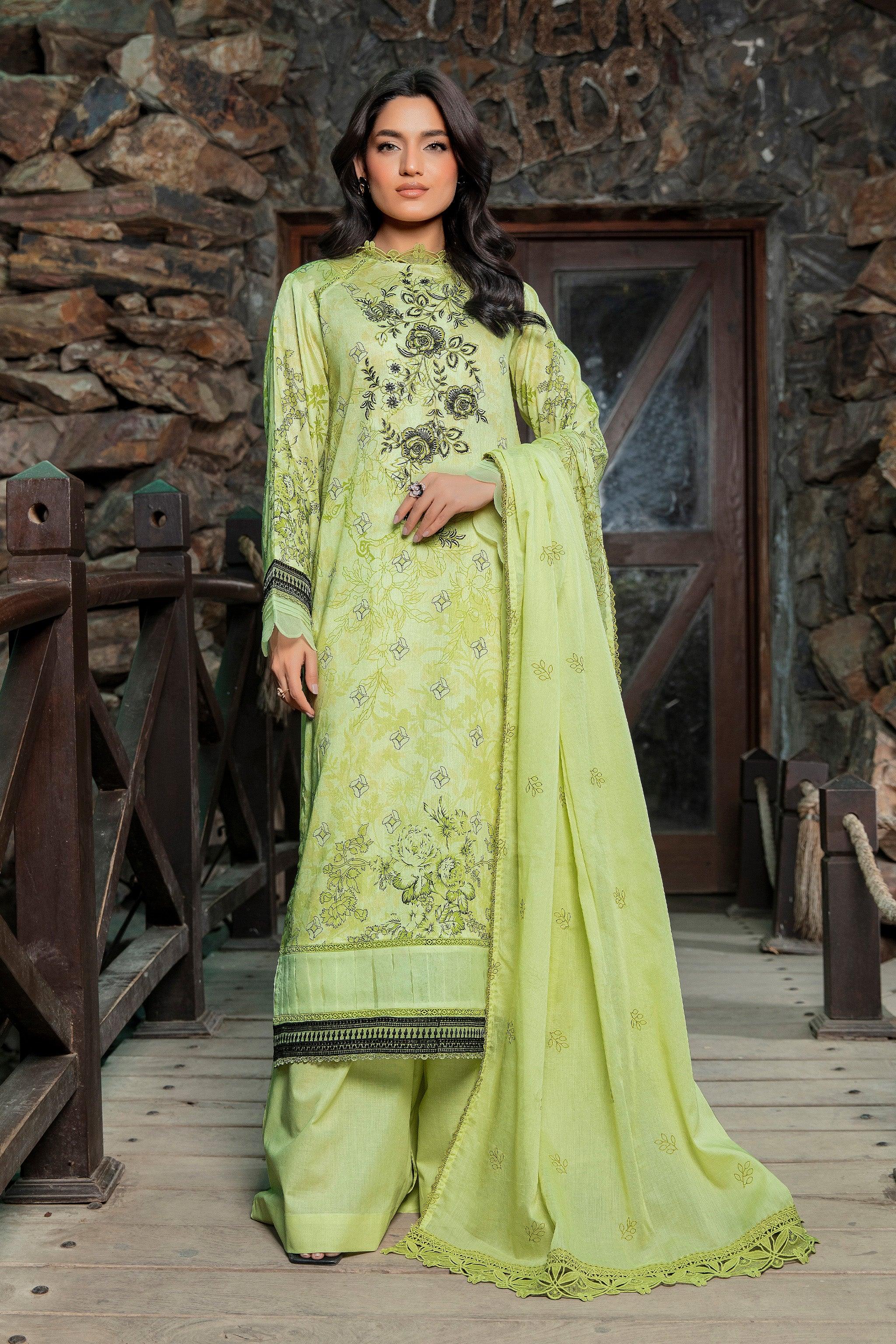 3 Piece Unstitched Lime Green Embroidered Lawn - SafaNoor